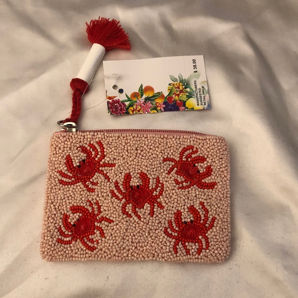 America & Beyond Hand Beaded Pink & Red Crab Coin Pouch Top Zip Closure NWT